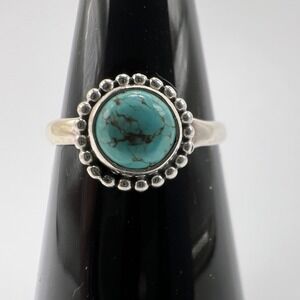 Sterling Silver Turquoise Gemstone Ring  Size 7 Southwestern Style, Beaded Halo